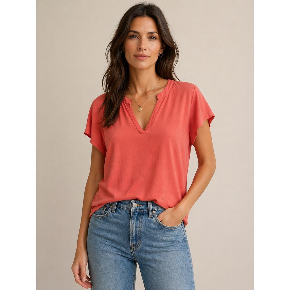 LR906 Coral V Neck Short Sleeve Top